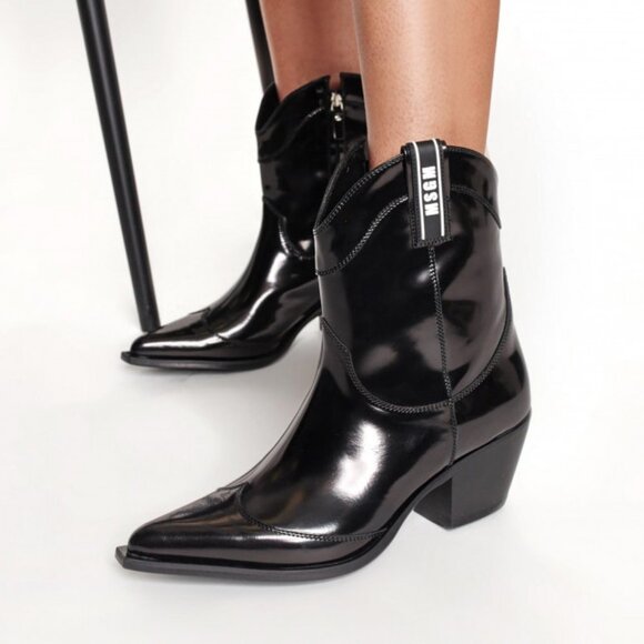 NEW Msgm Tonchetto Women's Glossy Ankle Cowboy Boots Black - Picture 1 of 14